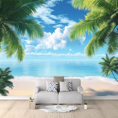 Papier Peint Panoramique 3D Cocotiers De Plage Tropicale 200x140 cm Papier Peint Photo Mural Intissé, Poster Tapisserie Mural Personnalisé 3D Pour Salon Chambre Décoration Murale
