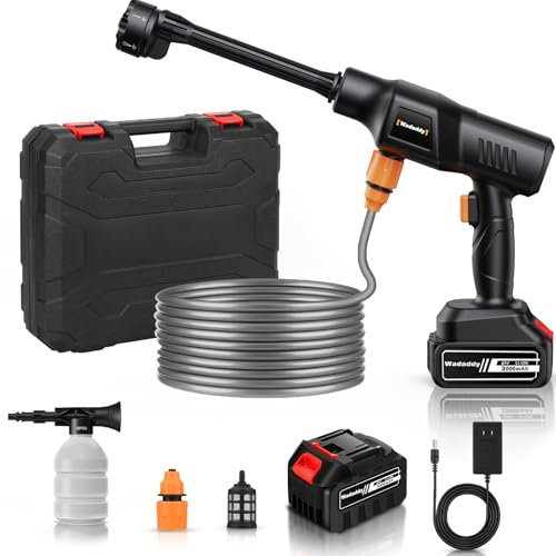 Wadaddy Lavadora eléctrica inalámbrica, lavadora a presión inalámbrica de 900 PSI, lavadora eléctrica portátil con batería de 3.0 Ah y cargador y boquilla 6 en 1, manguera de drenaje de 17 pies
