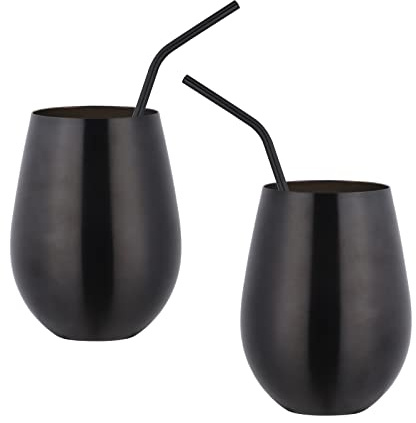 TEAHAHA 17 oz Stainless Steel Stemless Wine Glass Set of 2 with Straw,Outdoor Portable Wine Tumbler for The Pool, Camping,Cookouts, Unbreakable, Shatterproof Metal Drinking Tumblers (Black)