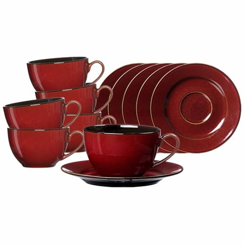 Ritzenhoff & Breker Gambia Kaffeetassen mit Untertassen 6er Set, 220 ml, Tassen-Untertassen-Set für 6 Personen, Skandinavisches Design mit Reaktivglasur, Steinzeug, Rot
