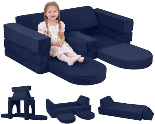MeMoreCool 10-teiliges Modulares Sofa Cord, Lounge Sofa, Blau | Flexibles Modulsofa mit Weicher Schaumstoffpolsterung und Abnehmbaren Bezügen, Ideal zum Entspannen im Wohnzimmer