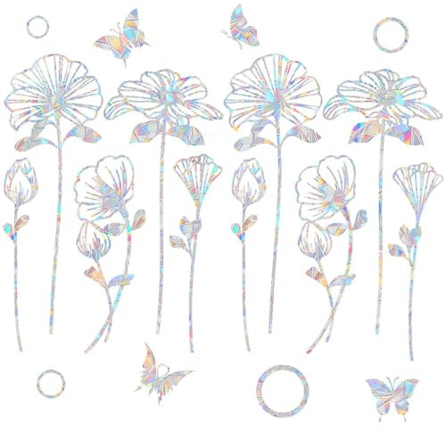 CharmBurst 2 Blatt Blumen Fensterfolien gegen Vogelschläge, Regenbogenfolie für Fenster, Fensterdekoration mit Regenbogeneffekt, Prisma-Fensteraufkleber für Vogelschutz