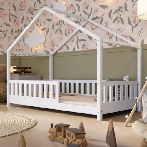 Crazy Pine Hausbett 90x190 cm – Kinderbett aus Naturholz in Weiß mit Rausfallschutz – Montessori Bodenbett mit Höhenverstellbaren Beinen und Abnehmbarer Barriere - Crazy House