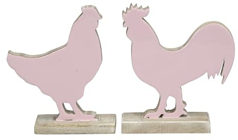 finehomegarden Hahn + Huhn 2fach sort. Mangoholz rosa/Natur Skulptur Figur Holz Landhaus Ø19x6cm H22cm