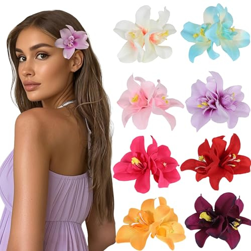 8pcs Hawaiian Flower Hair Clips, Bohemian Orchid Hairpin, Artificial Tropical Phalaenopsis Hair Barrette Hibiscus Hair Clips for Seaside Holiday, Bridal Hair Accessories Pins Headwear for Women Girl