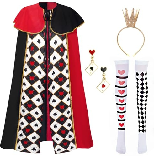 PANMAY Königin Kostüme Erwachsene-6 Stück, Rote Herzen Damen Mantel Fancy Dress Kostüm, Frauen Krone Herz Zauberstab für Halloween Karneval Party Cosplay