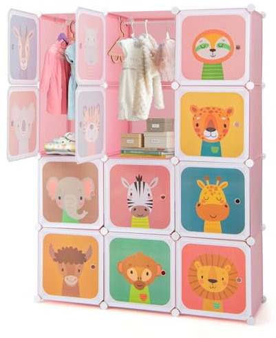 COSTWAY Kleiderschrank Kinder, Regalsystem aus Kunststoff mit 12 Würfeln, Kinderregal erweiterbar mit Türen & 2 Aufhänger, Aufbewahrungsschrank Steckregal für Kinderzimmer, Spielzimmer (Rosa)