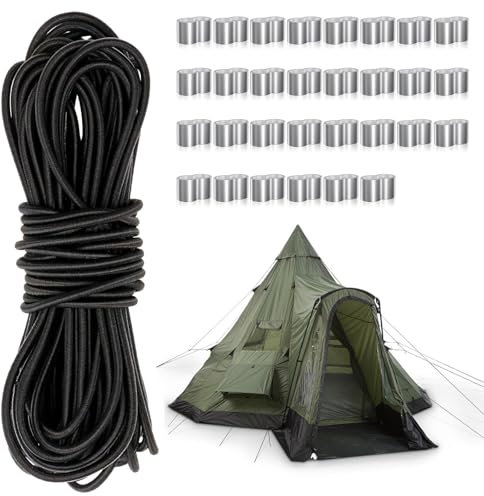 Gummiseil 6 mm x 10 m - Elastisches Expanderseil, Gummiseil für Anhängerplane mit 30 M6 Aluminium Crimpschlaufe, Gummischnur Rund Schwarz Planenseil für Anhängerplane, Camping, Segeln Planenseil