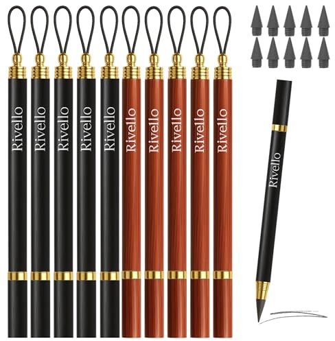 Rivello Ewiger Bleistift aus Holz – schreibt ohne Anspitzen – mit Ersatzminen – nachhaltiger Holzstift im 3er, 6er oder 9er Set – braun, schwarz oder Mix