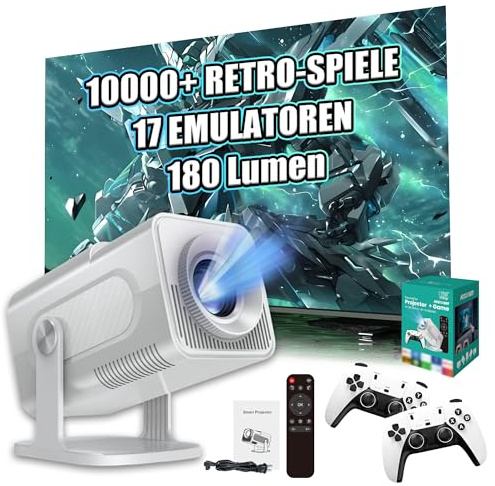 HCS350 Pro Tragbarer Intelligenter Projektor mit WLAN & Bluetooth, Konsole mit 10000+ Spiel 17 Emulator, 180 Lumen, 1280 * 720P, Android 11 Filmprojektor für den Außenbereich, Heimkino (Weiß)
