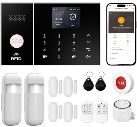 XUK Sistema di allarme wireless 4G/GSM/WiFi per casa/appartamento, allarme di sicurezza intelligente con sensori porta/finestre, rilevatore di movimento PIR, compatibile con Alexa/Google Home