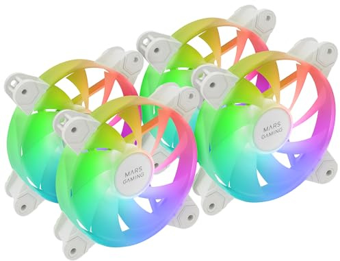 Mars Gaming MF-4A, Kit 4x 120mm ARGB Lüfter, 360° rahmenlose Beleuchtung, 5V 3Pin adressierbares RGB, anpassbarer Regenbogeneffekt, ultraschallleise FDB-Lager, Doppelstecker, Weiß