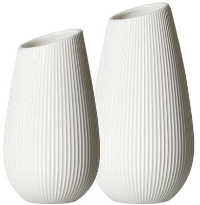 Ritzenhoff & Breker Alma Vasen-Set 2-teilig | 16 cm & 20 cm | Weiße Blumenvasen mit vertikalem Rillenrelief | Modernes & minimalistisches Designobjekt | Porzellan, Spülmaschinenfest