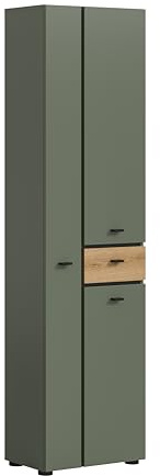 xonox.home – Hochschrank Aqua 51x191x30 cm in Sage Green & Evoke Oak Nb – 3 Türen, 8 Einlegeböden & 1 Schubkasten – Großer Badschrank – enormer Stauraum, edle Farbkombination & besonders langlebig
