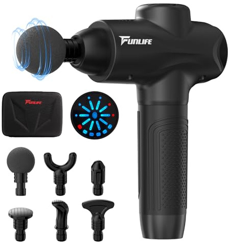 FunLife Massagepistole M6 – 12 mm Hub, USB-C, Matt Black | 3200 U/min, 6 Massageköpfe und LED-Display. Leise unter 45 dB, ideal für Sport und Regeneration.