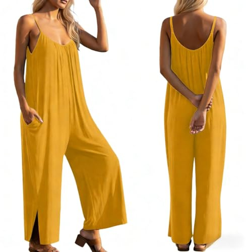 Salopette Pour Femme D'été Combinaison Longue Baggy Sans Manches Bretelles Fines Coupe Ample Pantalon Extensible Avec Grandes Poches Fluide De Travail Décontractée Jumpsuit Loose Top Playsuit
