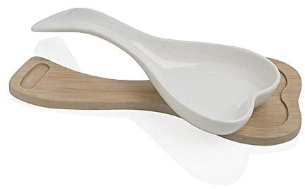 Brandani (54613) - Repose-cuillère en forme de cœur, en porcelaine blanche, sur un support en bambou naturel, 26 x 11 x 5 cm