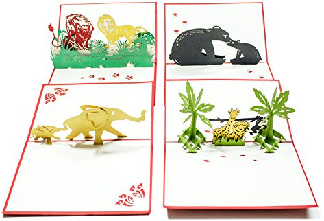 Pop Up Cards - Set of 4 3D Pop-Up Birthday, Greeting or Special Occasion Card Sets - Jungle Animals (4 Pack- Assorted)