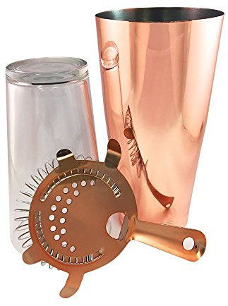 Rose Gold Pro Set Boston Cocktail Shaker 28oz Tin, Standard 16oz Boston Glass and Rose Gold 4 Prong Strainer Professional Bartender Kit