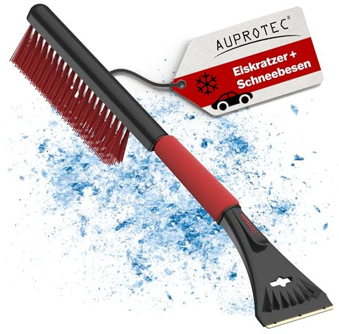 AUPROTEC Eiskratzer Auto mit Besen/Eiskratzer Messingklinge/Eiskratzer mit Besen/Scheibenkratzer Auto/Schneekratzer Auto mit Besen/Eisschaber Auto – ASE 2 schwarz-rot