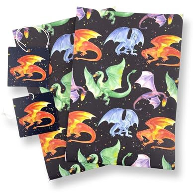 The Arty Penguin Geschenkpapier Drache, 2 Bögen, Rot, Drachen-Illustrationen, Medium, Geburtstag