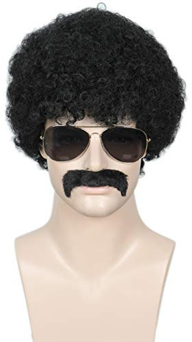 Linfairy Kurze 80er Jahre Kostüme Herren Disco Dirt Bag Blond Gemischte Braune Perücke & Schnurrbart Halloween Cosplay Kostüm Perücken