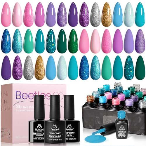 Beetles Gel-Nagellack-Set, 20 Farben Blau Grün Rosa Lila schimmernder Glitzer Sommer-Gel-Nagellack-Set mit Basisgel Decklack Nailart Soak-off-UV-Nagelgel Geschenk für Mädchen