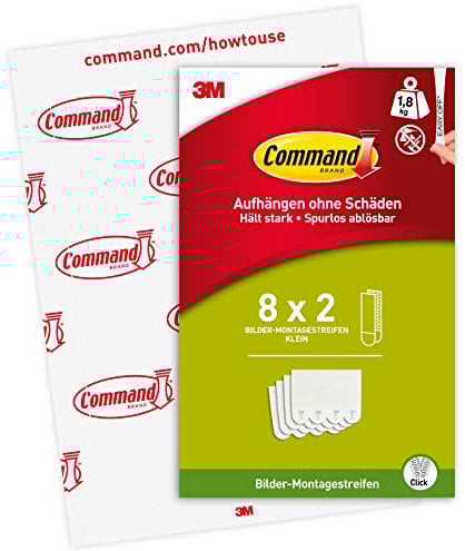 Command Strisce Appendiquadri Adesive Piccole Bianche, Confezione da 8 Coppie – ottimale per Appendere Quadri, Cornici e Specchi al Muro senza Chiodi, Tenuta fino a 2 kg