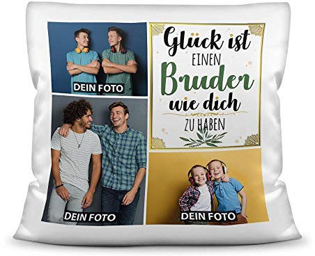 PR Print Royal Kissen mit Füllung - Fotocollage selbst gestalten mit Spruch für Bruder - GLÜCK - mit DREI eigenen Fotos - Geschenkidee Fotokissen - Kissen Polyester - Weiß