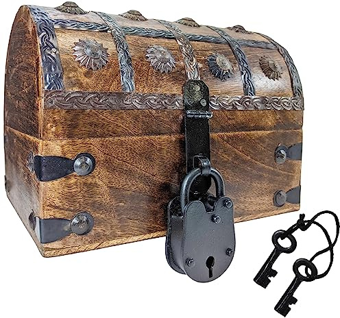Pirate's Treasure Chest (8 x 6 x 6) Wooden Nautical Jewelry Box with Functional Lock and 2 Keys, Wood with Iron Accents, Hinged Lid by SciencePurchase