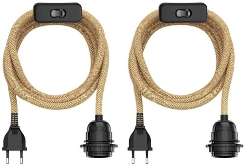 ledscom.de 2 pièces Câble en chanvre/câble textile LEKA, fiche, interrupteur, beige, 3 m, douille de lampe, 1x E27 max. 60W