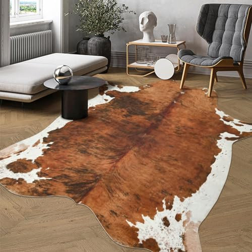 DweIke Premium-Teppich aus Kuhfellimitat, 1,4 x 1,6 m, Tierfell-Teppich, geeignet für Schlafzimmer, Wohnzimmer, westliche Dekoration, Teppiche für Esszimmer, Büro, Tierhaut, Braun