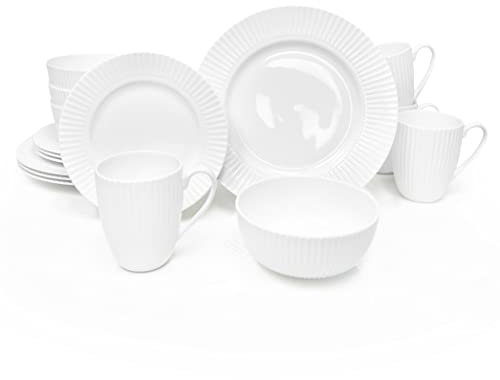Service de table 16 pièces en porcelaine anglaise pour 4 personnes, vaisselle à rayures blanches en relief, passe au micro-ondes, résistant aux éclats, vaisselle pour la vie formelle, décontractée et