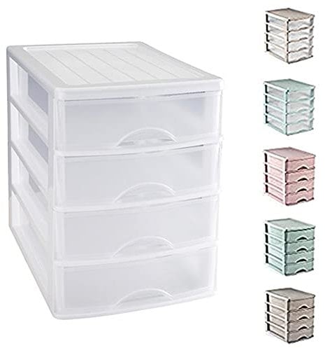 Plastic Desktop Storage Unit with Drawers, Stationary Arts Drawer Desktop Tabletop Organiser Storage Tower Unit for Office Bedroom Garage ((35.5 x 27 x 35cm, White With 4 Clear Drawers))