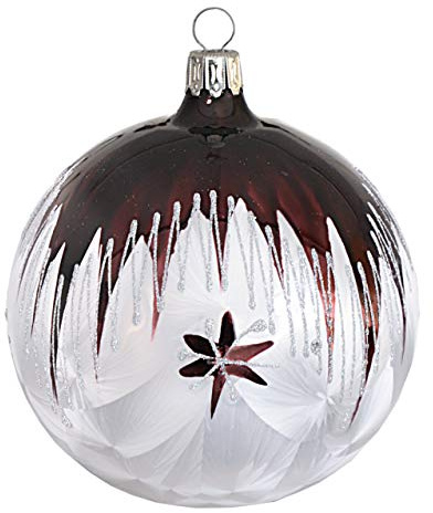 Jingle Bells Lauscha Modern Art Kugel 6cm / 5er Set Weihnachtskugel mundgeblasen handbemalt eislack weiß dunkelrotes Dekor Glas Kugel Christbaumkugel Hängend Weihnachten