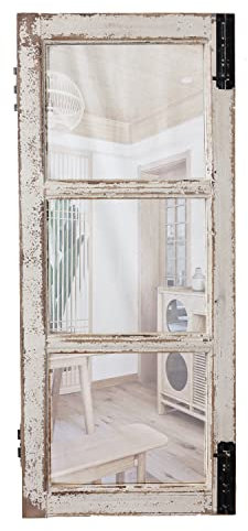 Sintosin Espejo de ventana con marco de madera de granja de 14 x 33 pulgadas, espejo de ventana rústico blanco envejecido para decoración de pared, espejo rectangular vintage para sala de estar y