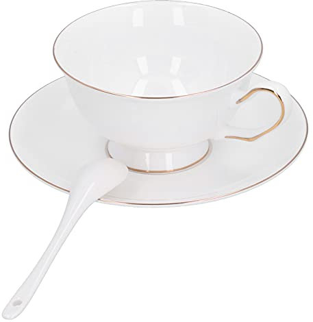 High Bone China Kaffeetassen Set, Teetassen mit Goldrand, Set von 4 weißen Espressotassen, Cappuccino Kaffeetassen, Geschirr mit Untertassenlöffel, Kaffeetassen Set, Kaffeebecher Set