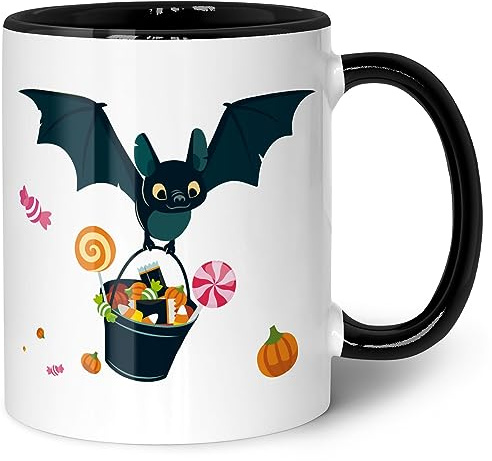 GRAVURZEILE Bedruckte Tasse mit Motiv - Fledermaus Design - Schaurige Geschenke zu Halloween - Gruselige Horror Party Dekoration zu Halloween - Geschenk für Sie & Ihn - Farbe: Schwarz & Weiß