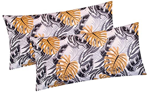 Baumwoll Renforcé Kissenbezug - 2er Set in 40x80cm - Blätter in Grau, Schwarz und Orange - Kopfkissen-Bezug, Kissenhülle, Dekokissenbezug aus 100% Baumwolle (KY-660/1-40x80)