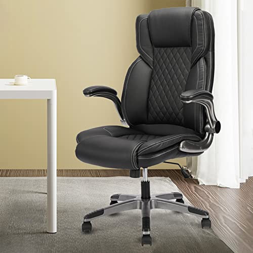 KCREAM Bürostuhl Computer hohe Rückenlehne verstellbare Flip-up-Armlehnen Ergonomischer Schreibtischstuhl Executive Diamond-Stitched PU Leder Swivel Task Chair mit Armlehnen Lendenwirbelstütze