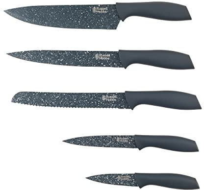 Russell Hobbs Nightfall Stone 5 Piece Knife Set, Chef’s, Bread, Carving, Utility, Paring Knives, Stainless Steel, Non-Stick, Dishwasher Safe, Blue Marble