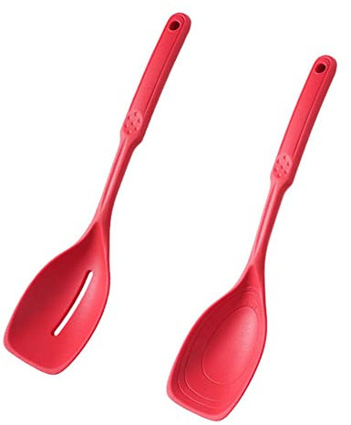 Tbkoeudhg KochlöFfel Aus Silikon, Geschlitztes und Festes -Set mit Antihaftbeschichtung, Tiefem und Messmarkierung, KüChenutensilien Rot