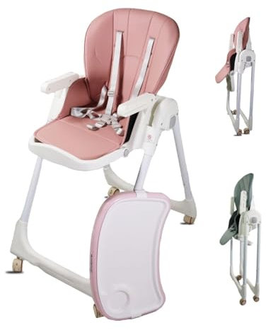 Mobiclinic®, High Chair for Baby, Baby Highchair, Folding, Convertible into High Chair, Simba, 5-Point Harness, Baby and Toddler Chair, Wheels with Brakes, Removable Tray, Washable, Adjustable (Pink)
