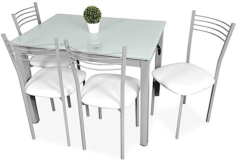 Somnia Descanso - Pack Mesa de Cristal de Cocina o Comedor + 4 Sillas Color Blanco a Juego, Modelo Närke, Prácticas y Funcionales. Medidas: 100-170 cm (Largo) x 70 cm (Ancho) x 75 cm (Alto)