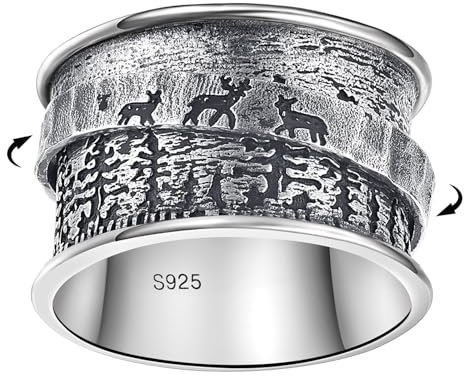 BONLAVIE Spinner Ring Damen, Drei Hirsch und Kiefernmuster Ring Silber 925, Breiter Band Ring, Anxiety Ring, Silberring 925 Damen, Vintage Ring Damen, Ringe Frauen