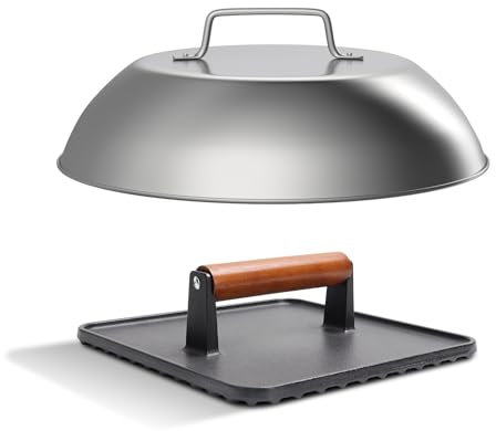 SafBbcue 10 Cast Iron Large Bacon Press & Griddle Steam Cover, 12 Round Stainless Steel Griddle Steamer Melting Dome, Heavy Duty Griddle Press XL for Blackstone Flat Top Grills Griddle