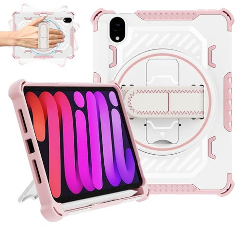 ROISKIN iPad Mini 6 Case 2021 8.3 Inch: Shockproof Protective Case with 360 Rotating Stand & Hand Strap for iPad Mini 6th Generation (Pink)