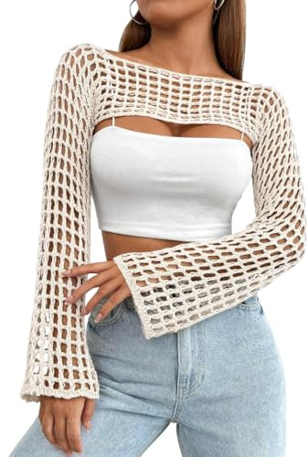 Mincib Womens Crochet Shrug Y2K Hollow Out Bolero Shrug See Through Cropped Knit Sweater Top(Beige,S)