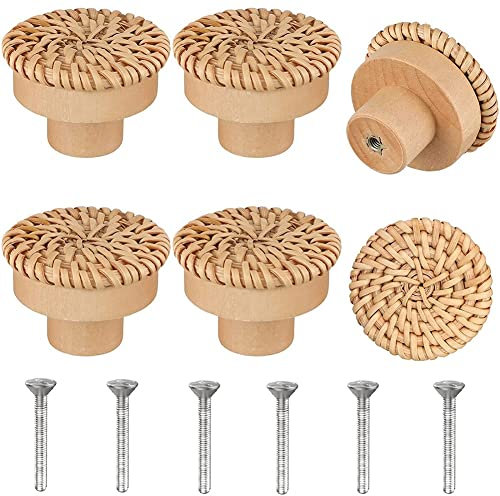 MOLERRI Boutons de Commode en Rotin Boho Boutons de Tiroir en Bois Ronds en Osier Tissé à la Main et Vis pour Boutons de Meubles Boho 6 PièCes