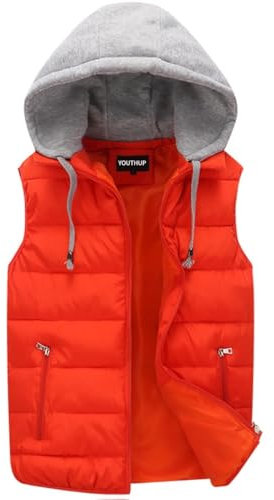 YOUTHUP Men's Outwear Gilets Winter Padded Gilet with Hood Thick Puffer Quilted Body Warmer Sleeveless Jacket Orange, M